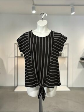 Jones New York, Striped Tie Front Blouse Black White Lightweight, XL, Stretch